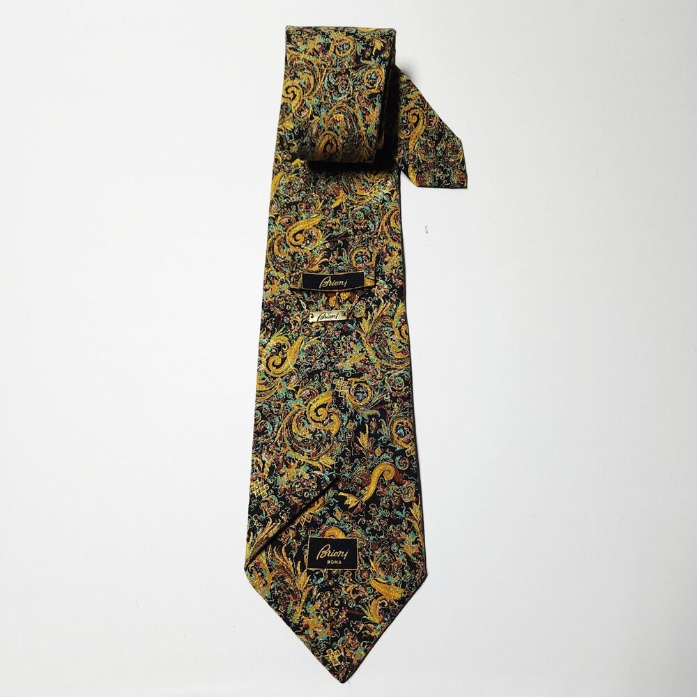 Vtg 80s BRIONI ROMA Tie Silk Paisley Baroque Gold Teal Black 4” Wide Power Rare
